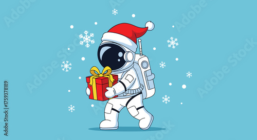 A cheerful astronaut in a Santa hat carries a Christmas gift through falling snowflakes.