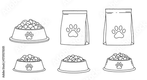 Illustrations of pet food bowls and bags in a line drawing style.