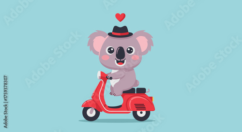 A cute cartoon koala wearing a hat rides a red scooter with a heart above its head.