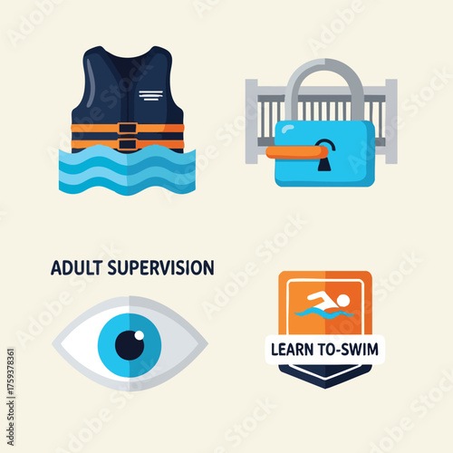 Safety measures for swimming, including life jackets, fences, and adult supervision.