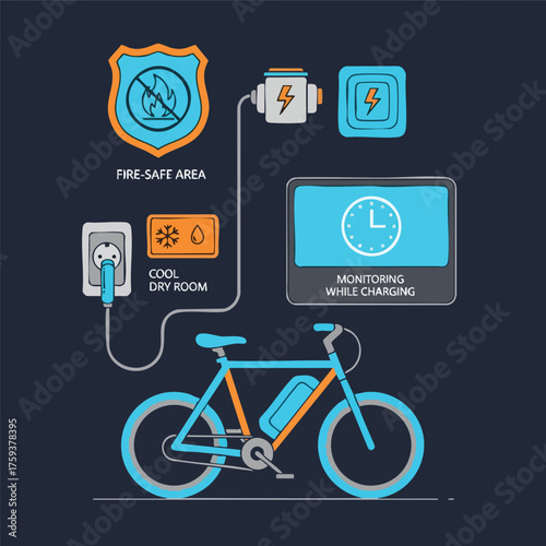 E-bike charging safety guidelines illustration with fire-safe area, cool dry room, and monitoring.