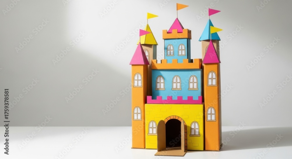 Naklejka premium Colorful Wooden Toy Castle with Multiple Towers and Flags for Kids Play and Educational Activities
