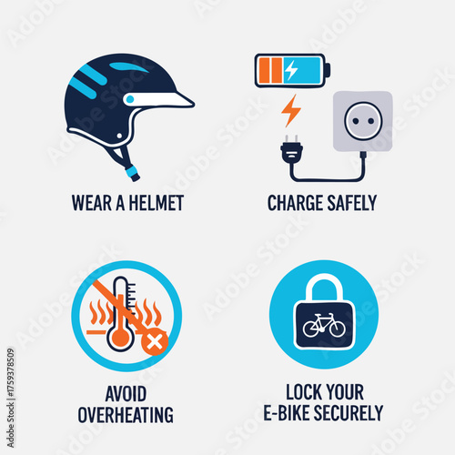 Infographic illustrating four essential safety tips for e-bike users, including wearing a helmet, safe charging practices, avoiding overheating, and securing the bike.