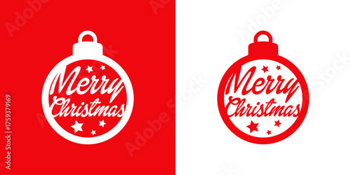Logo con silueta de bola de navidad con texto manuscrito Merry Christmas con estrellas para tarjetas y felicitaciones