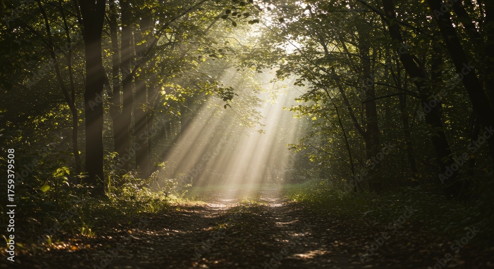 Obraz premium Sunlight streams through forest trees creating a serene and peaceful atmosphere