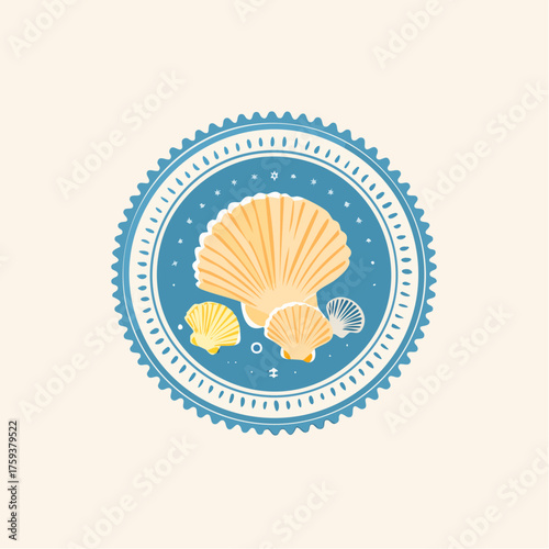Vintage marine stamp with hand drawn seashells. Minimalist vintage marine prints. 