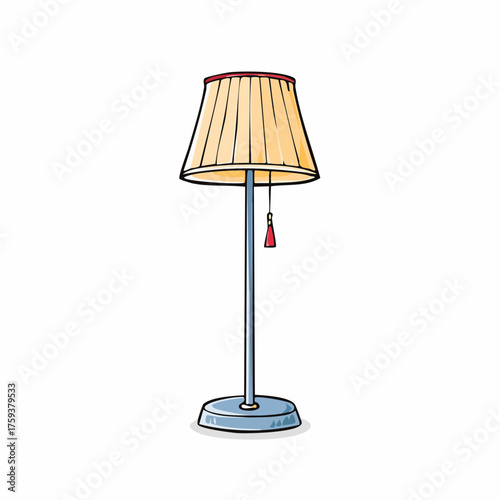 Floor lamp with shade and tassel is standing indoors on a white background