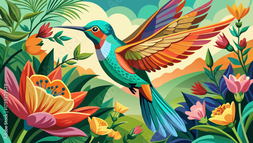 Very beautiful hummingbird (Kolibri) gracefully hovering near a vibrant flower, wings shimmering in sunlight, capturing a delicate moment of nature’s elegance and vivid color harmony in a peaceful gar