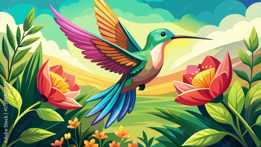 Naklejka premium Very beautiful hummingbird (Kolibri) gracefully hovering near a vibrant flower, wings shimmering in sunlight, capturing a delicate moment of nature’s elegance and vivid color harmony in a peaceful gar