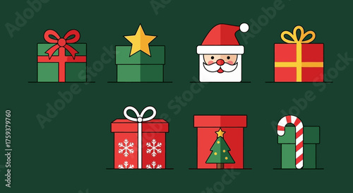 A festive collection of Christmas holiday icons in a flat design style, featuring Santa Claus, decorated gift boxes, and seasonal elements for graphic design