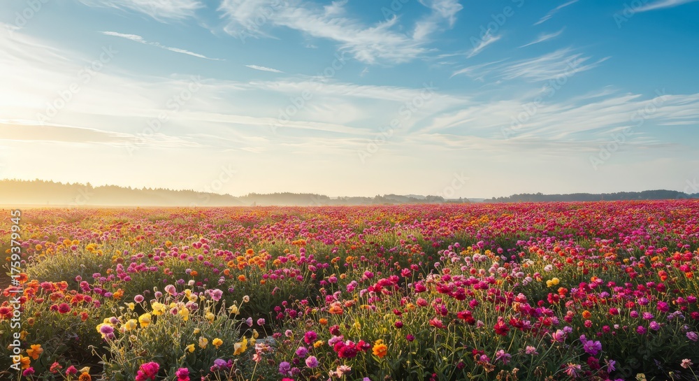 Obraz premium Vibrant field of colorful flowers under a bright blue sky at sunset