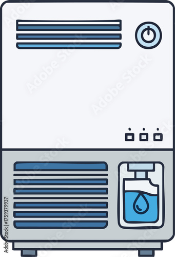 A modern white and blue humidifier with a water tank and control panel.