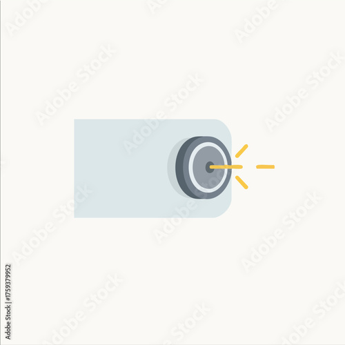 Minimalist illustration of a light gray device with a circular mechanism emitting a yellow beam of light.