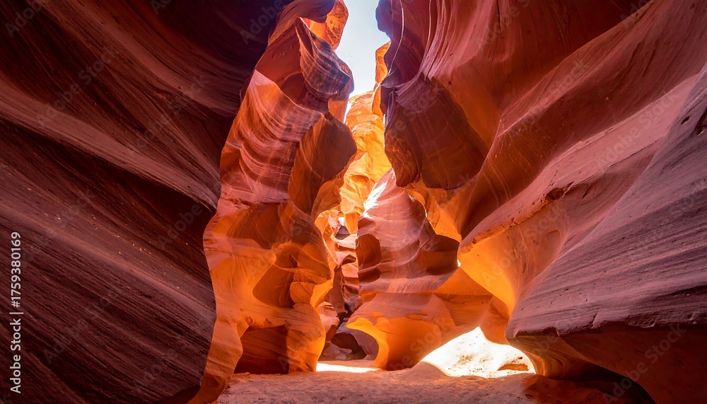 Naklejka premium Narrow sandstone canyon with vibrant light filtering through the top