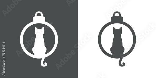 Tiempo de Navidad. Logo con silueta de bola de navidad con gato con rabo colgando para su uso en tarjetas y felicitaciones