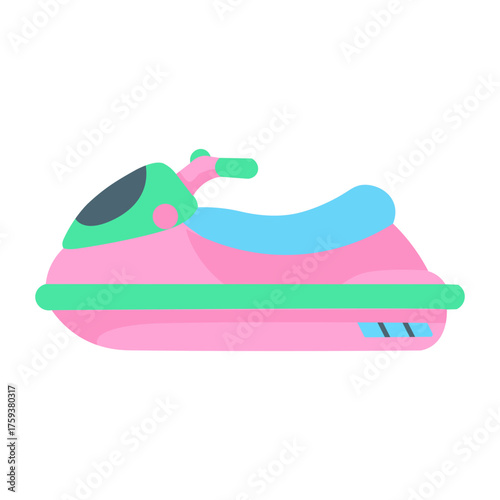 Bright pink jet ski illustration with green details, great for beach, water sports, and tropical vacation designs.
