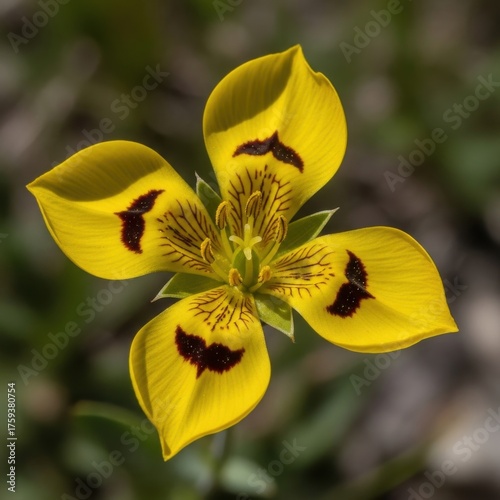 Brightly blooming yellow sparaxis flower with unique markings in spring