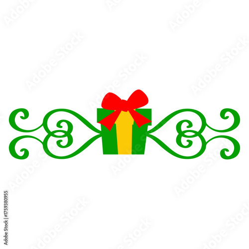 Logo con paquete de regalo con lazo con filigrana caligráfica. Banner con florituras para tarjetas y felicitaciones de Navidad