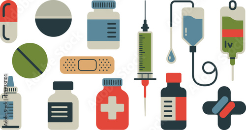 Cartoon with Medical Icons Capsules, Pills, Bottles, Bandage, Syringe, and IV Bags