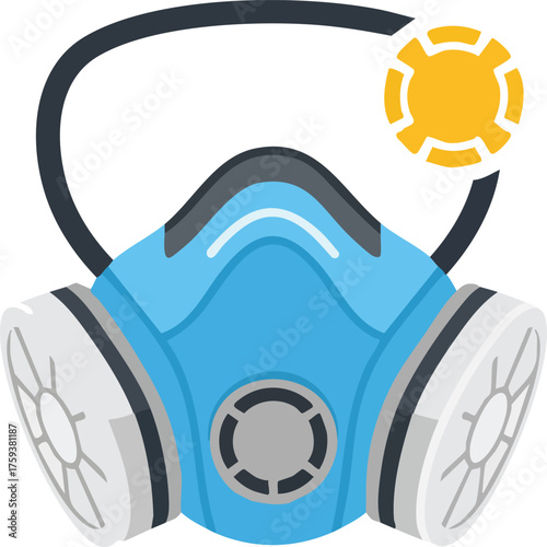 A blue respirator mask with white filters and a yellow sun-like symbol, representing protection against airborne particles or viruses.