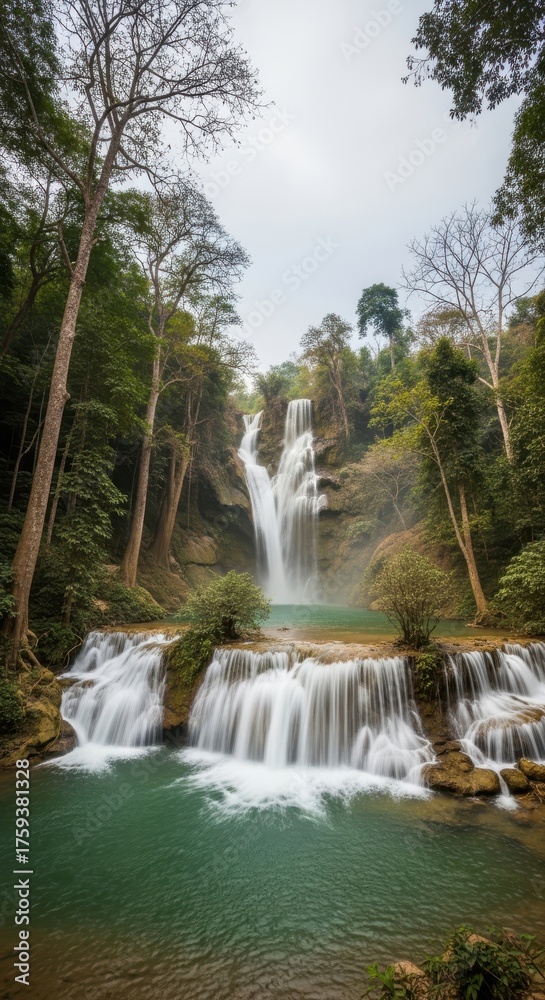 Fototapeta premium Enchanting cascades: A secluded waterfall gracefully weaving through a lush forest