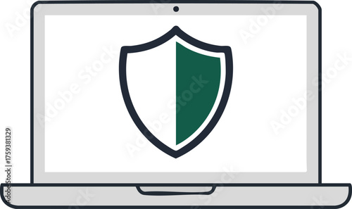 A laptop screen displays a shield icon, symbolizing cybersecurity and data protection.