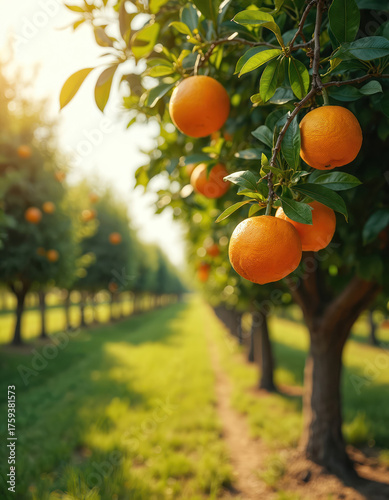 Rows of citrus trees laden with ripe oranges stretch into the distance under a warm sun. Green leaves and bright fruit create a vibrant, natural scene. An orchard offers fresh produce.