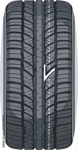 Top-down view of a dark gray car tire with a detailed tread pattern and a white directional marking.