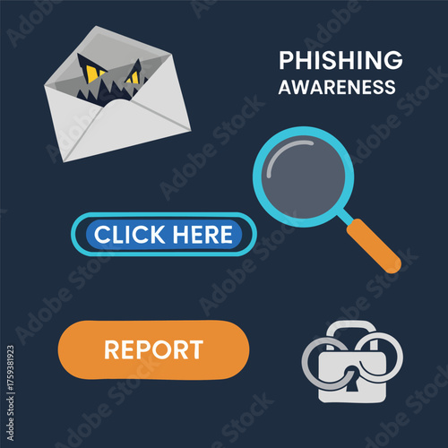 Phishing awareness concept showing a malicious email, security icons, and call-to-action buttons.
