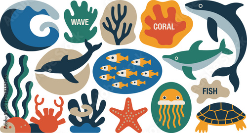 Colorful Cartoon Sea Life Illustration Dolphins, Fish, Turtle, Coral, Starfish, Wave and Other Marine Animals