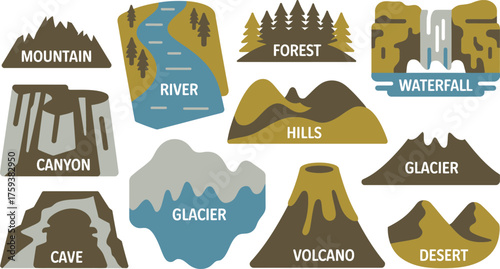 Colorful Depicting Various Landforms Mountains, River, Forest, Waterfall, Canyon, Hills, etc