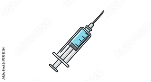 Illustration of a syringe, representing vaccination, injection, and medical procedures, with a needle and plunger