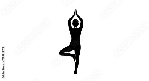Silhouette of woman in tree pose practicing yoga for balance and strength, promoting fitness and flexibility