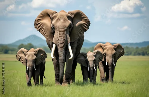 Fototapeta samoprzylepna African elephants family walk on green meadow. Huge wild animals together in green grass with mountains background. Travel adventure in Africa for wild animal watching.