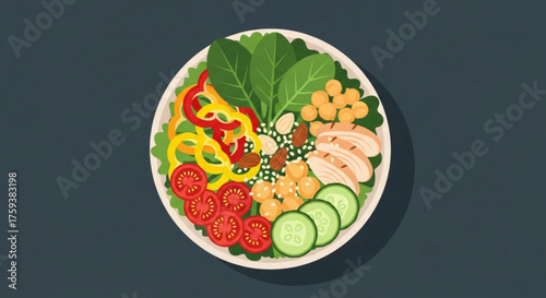 Overhead shot of a healthy salad bowl with fresh vegetables and grilled chicken, promoting nutritious eating and a balanced diet for wellness