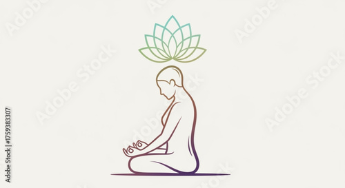 Minimalist yoga pose illustration with a lotus flower above the head, symbolizing peace, spirituality, and wellbeing