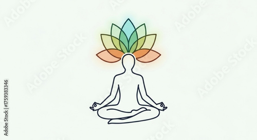 Colorful yoga meditation pose with a lotus flower above the head, representing enlightenment, balance, and inner peace