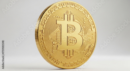 Closeup of a shiny golden bitcoin coin on a white surface, showcasing its intricate design and the concept of digital currency