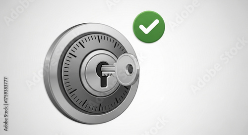 A combination lock with a key inserted and a green checkmark floating nearby, security concept illustration