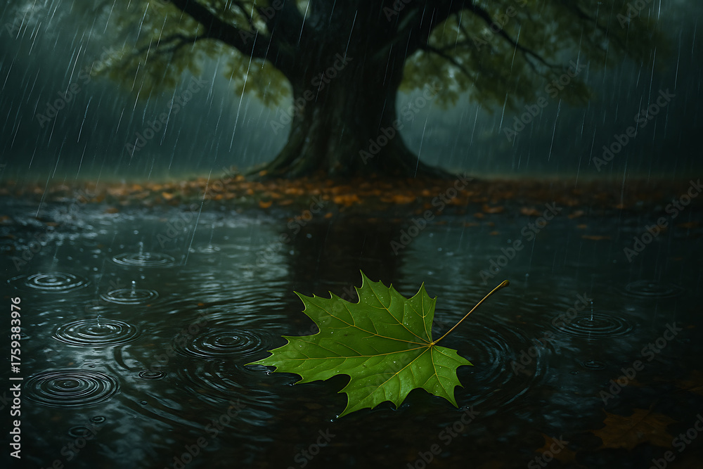 Naklejka premium Green Leaf Floating on Rainy Pond near Tree in Peaceful Natural Scene