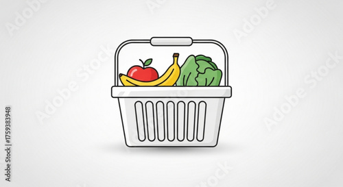 Shopping basket filled with fresh food apple, banana, and cabbage inside a white shopping basket with handle