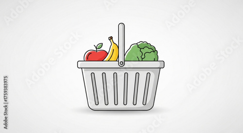 Shopping basket filled with fresh food apple, banana, and broccoli inside a white shopping basket with handle