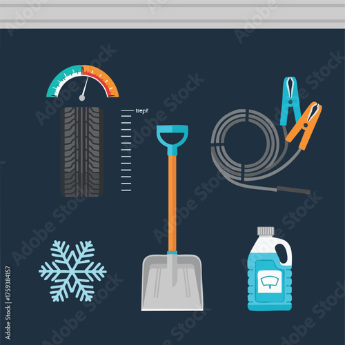 Collection of winter car maintenance and emergency items, including a tire gauge, snow shovel, jumper cables, washer fluid, and a snowflake icon.