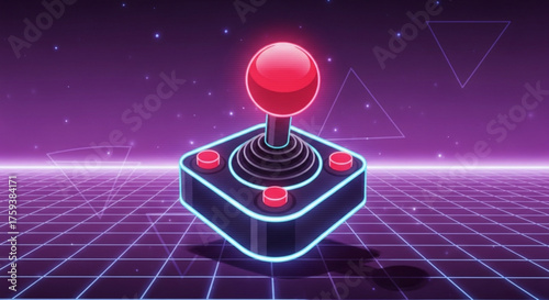 Retro arcade joystick with neon lights, a nostalgic symbol of classic video games and the 80s gaming culture, set against a grid background