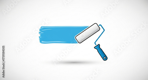 Paint roller with blue paint stroke, a tool for painting walls and other surfaces, home renovation concept