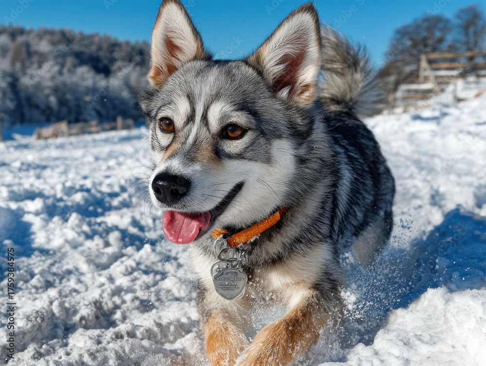 Naklejka premium A playful Klee Kai dog running in a snowy landscape