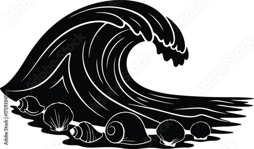 Vector ocean wave with seashells on beach silhouette illustration