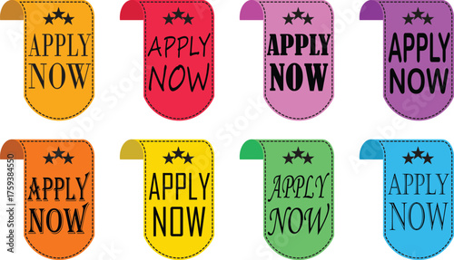 Apply Now Icon set. Apply now web UI button can be used for websites and apps. Vector illustration. Apply now template for website. Concept of easy making an application via website or application.