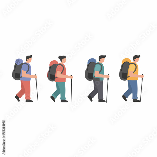 Flat Style Tourist Person with Backpack Walking Stick Activity Illustration