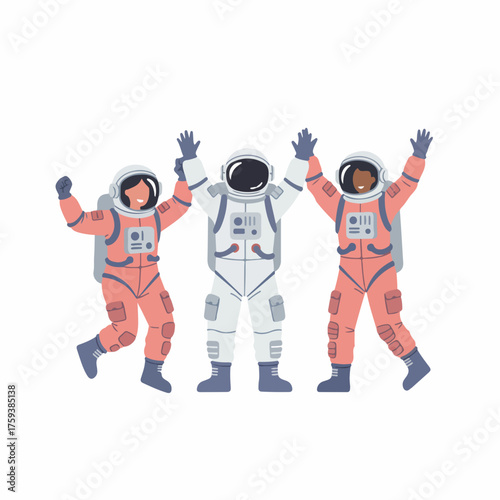 Flat Illustration Diverse Astronauts Celebrating Success in Space Exploration